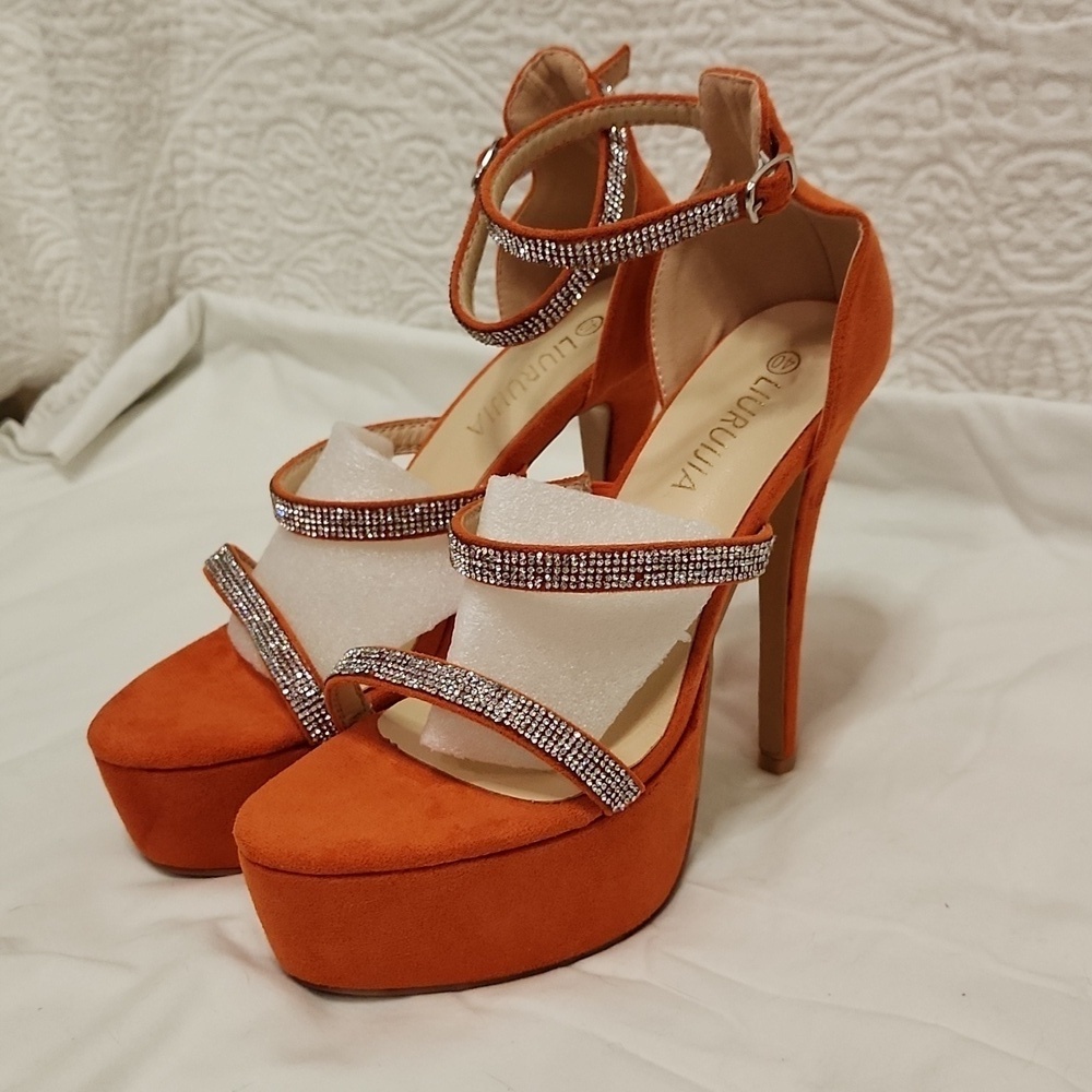 New! Orange rhinestone stiletto heels shoes high platform strappy party dress